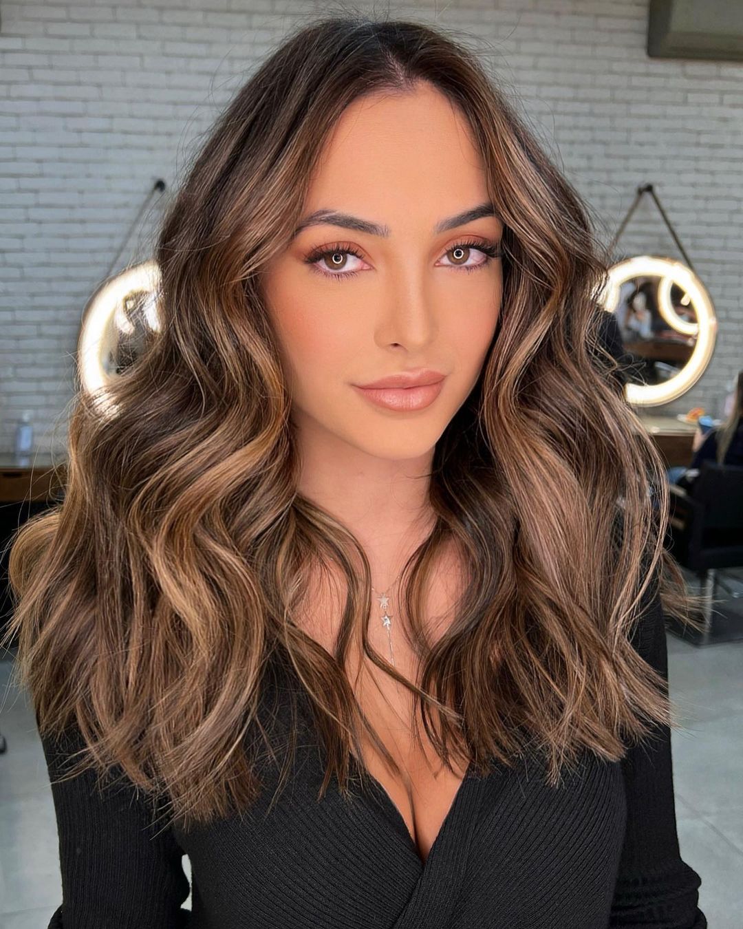 Soft Caramel Brown Balayage with Lowlights