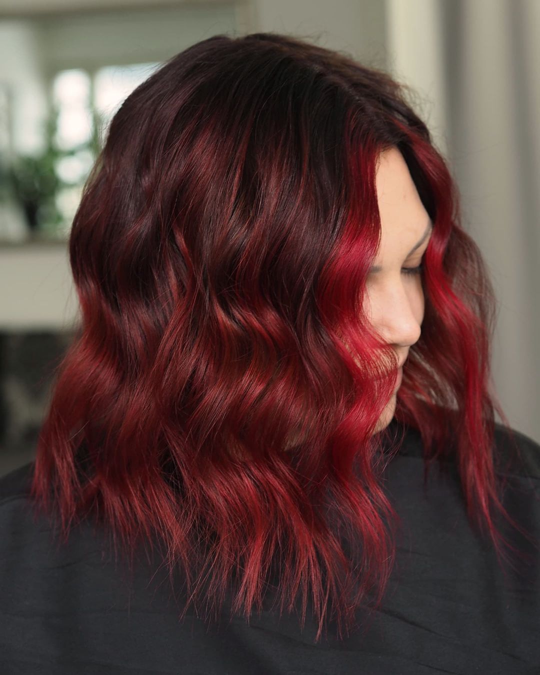 Crimson Balayage on Burgundy Brown